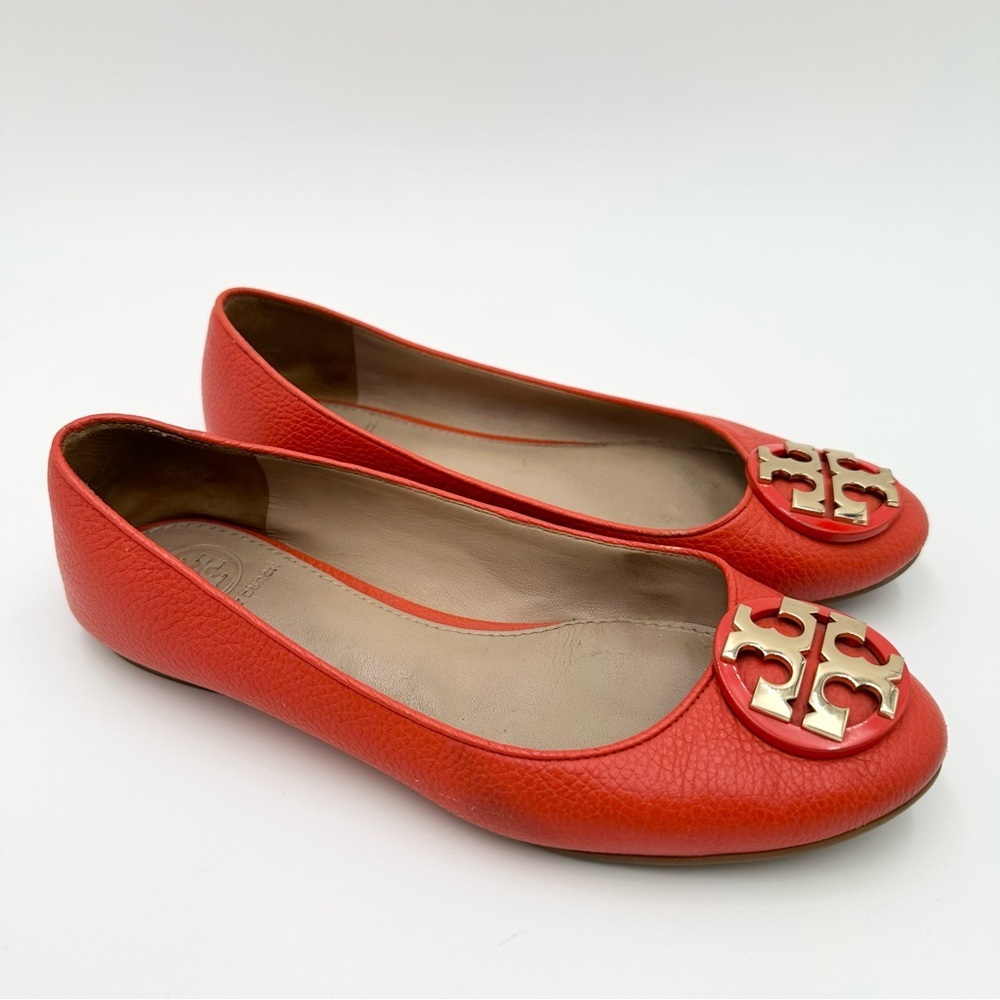 Tory Burch CLAIRE Ballerina Ballet Flat Shoe Samba Leather Logo Orange